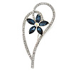 Open Asymmetrical Heart with Blue CZ Flower Brooch In Rhodium Plating - 65mm Across