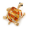 Gold Plated Crystal Enamel Turtle Brooch - 40mm L