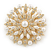 Bridal Vintage Inspired White Simulated Pearl, Austrian Crystal Layered Floral Brooch In Gold Tone - 50mm D