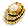 Vintage Inspired Textured, Crystal Shell with Pearl Brooch In Antique Gold Metal - 50mm L