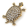 Vintage Inspired Clear Crystal Turtle Brooch In Antique Gold Tone Metal - 60mm L