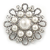Vintage Inspired Bridal/ Wedding/ Prom Glass Pearl, Clear Crystal Flower Brooch In Silver Tone - 50mm D