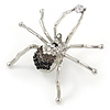 Black/ Grey/ Clear Crystal Spider Brooch In Rhodium Plated Metal - 60mm