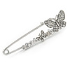 Medium Clear Crystal Double Butterfly Safety Pin Brooch In Silver Tone - 65mm L