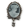 Vintage Inspired Grey/ Hematite Crystal Cameo with Charm Brooch In Antique Silver Tone - 63mm Across