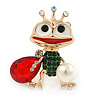 Funky Green/ Red/ Clear Crystal Frog Brooch In Gold Plating - 43mm L