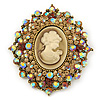 Oversized Crystal Tan Coloured Cameo Brooch/ Pendant In Gold Tone - 85mm L
