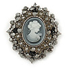 Oversized Crystal Grey Cameo Brooch/ Pendant In Silver Tone - 85mm L