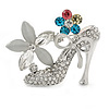 Silver Plated Crystal Shoe with Flowers Brooch - 45mm