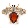 Clear Crystal, Topaz Glass Stone Bee Brooch In Gold Plated Metal - 40mm L