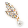 Clear Crystals Double Leaf with Pearl Brooch In Gold Plating - 60mm L