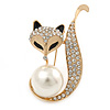 Gold Plated Clear Crystal with Glass Pearl Fox Brooch - 50mm