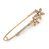 Medium Clear Crystal Double Flower Safety Pin In Gold Tone - 65mm L