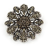 Vintage Inspired Grey Coloured Austrian Crystal Floral Brooch In Antique Silver Tone - 43mm D