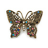 Marcasite Multicoloured Butterfly Brooch In Bronze Tone Metal - 47mm W