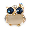 Gold Plated Clear/ Blue Crystal with Cat Eye Stone Owl Brooch - 35mm L