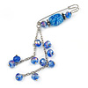Blue Faceted Bead Charm Safety Pin Brooch In Silver Tone - 8cm Drop