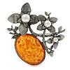 Vintage Inspired Amber Style Stone with Pearl Flowers Pewter Tone Brooch/ Pendant - 70mm
