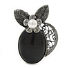 Vintage Inspired Black Oval Resin Stone, Pearl Flower Pewter Tone Brooch/ Pendant - 65mm