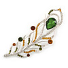 Large Clear, Citrine, Olive Crystal, CZ Peacock Feather Brooch In Rhodium Plating - 10cm