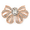 Rose Gold Tone Metal Clear Crystal Bow Brooch - 50mm W