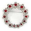 Rhodium Plated Clear/ Ruby Red Crystal Wreath Brooch - 45mm
