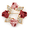 Red/ Pink Enamel Crystal Wreath Brooch In Gold Tone - 50mm D