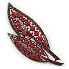 Large, Vintage Inspired Red Acrylic/ Crystal Bead Two Leaf Brooch In Gun Metal Tone - 10cm L