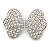 Simulated Pearl Clear Crystal Bow Brooch In Rhodium Plating - 65mm