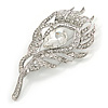 Exotic Clear Crystal 'Peacock Feather' Brooch In Rhodium Plating - 8cm L