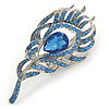 Exotic Blue Crystal 'Peacock Feather' Brooch/ Hair Clip In Rhodium Plating - 8cm L