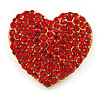 Red Austrian Crystal Pave Set Heart Brooch In Bright Gold Tone Metal - 35mm L