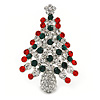 Holly Jolly Red, Green, Clear Austrian Crystals Christmas Tree Brooch/ Pendant In Rhodium Plating - 55mm L