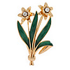 Crystal Daffodil With Green Enamel Leaves Floral Brooch In Gold Plating - 60mm L