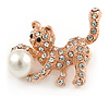 Small Crystal Kitty with Pearl Ball Brooch In Rose Gold Metal - 30mm