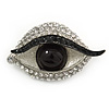 Quirky Black/ Clear Crystal Eye Brooch In Silver Tone Metal - 50mm