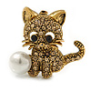 Light Topaz Crystal Little Kitten with Pearl Bead Brooch In Antique Gold Tone Metal - 30mm L