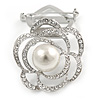 Diamante Faux Pearl Rose Scarf Pin/ Brooch In Silver Tone - 40mm Across