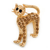 Adorable Light Topaz Crystal Cat Brooch In Gold Tone Metal - 40mm L