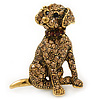 Vintage Inspired Topaz Crystal Dog Brooch In Antique Gold Metal - 35mm L