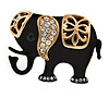 Ethical Crystal Black Elephant Brooch In Gold Tone Metal - 35mm W