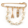 Gold Plated Safety Pin Brooch With Pearl Bead Chain and Charms - 65mm