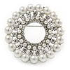 Clear Crystal, White Faux Glass Pearl Wreath Brooch In Silver Tone Metal - 40mm D