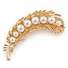 Gold Plated White Faux Glass Pearl Feather Pendant/ Brooch - 70mm L