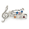 Silver Plated Multicoloured Crystal Musical Notes Brooch - 50mm L