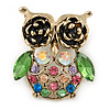 Vintage Inspired Multicoloured Crystal Owl Brooch In Aged Gold Tone - 40mm L