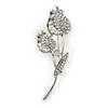 Two Tulip Clear Crystal Floral Brooch In Silver Tone Metal - 60mm L