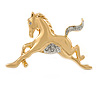 Polished Gold Tone Clear Crystal Horse Brooch - 40mm W