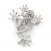 Small Funky Crystal Frog Brooch In Rhodium Plated Metal - 35mm L