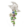 Multicoloured Crystal Butterfly and Flower Motif Brooch In Silver Tone Metal - 45mm L